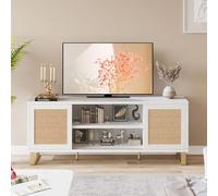 Garvee Mueble de TV de ratán Blanco para salón - Consola Baja para televisor hasta 65'' - Estantes y Puertas con Espacio de Almacenamiento - Diseño Boho Blanco y Dorado, gabinete para Dormitorio -