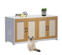 Garvee - Mueble para 2 gatos, gran mueble de TV moderno de madera blanca, puertas de sisal, cajones deslizantes, almacenamiento, tabla de arañar, fácil mantenimiento, color blanco