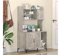 Garvee Muebles de caja de arena para gatos, gran caja oculta para gatos con almacenamiento de estante, almacenamiento de madera para gatos con almohadilla para rascar, muebles de casa para gatos de
