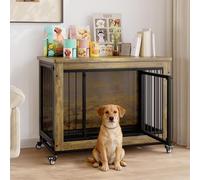 Garvee Muebles para perros, jaula de madera de 100 cm con 3 puertas y ruedas, jaula de interior, mesa auxiliar para perros pequeños, medianos y grandes, 100 x 60 x 70 cm
