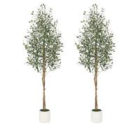 Garvee Olivo Artificial de 180 cm con Tronco Natural y Frutos Realistas - Planta Falsa para Decoración de Hogar, Oficina y Salón - Maceta Blanca con Musgo Incluida-2pcs