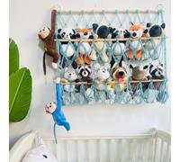 Garvee Organización eficiente en habitaciones infantiles | Red colgante ajustable de 2 niveles para juguetes de peluche-Diseño bohemio con toque de madera, decorativo y funcional para guardería - Azul