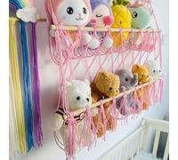 Garvee Organización eficiente en habitaciones infantiles | Red colgante resistente para peluches de 2 niveles - Ajustable, ideal para organizar juguetes y aportar decoración bohemia - Rosa