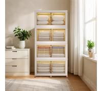 Garvee Organización eficiente y Movilidad - Armario de Almacenamiento Plegable de plástico con Tapa y Ruedas - 4 Niveles apilables (4x145L), Puertas Frontales, Ideal para Juguetes, Libros, Ropa o