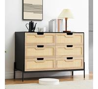Garvee Organización Moderna y Resistente - Cajonera Doble de 6 cajones en Madera y ratán Natural - Patas metálicas sólidas - Farmhouse para Dormitorio, Sala o recibidor - Color Negro y Roble