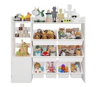 Garvee Organizador de almacenamiento de juguetes para niños de 4 niveles con 8 contenedores extraíbles y 3 cubos, estantería de madera y caja de juguetes para sala de juegos, dormitorio o área de