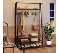 Garvee Perchero 3 en 1 con Banco Zapatero y almacenaje - Árbol recibidor de Metal y Madera - 5 Ganchos para Ropa - Estante para Zapatos, Entrada o Pasillo - 100 Ganchos en Marca Deportiva Simple