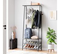 Garvee Perchero De Entrada Multifuncional con Banco Zapatero - Estructura Metálica Resistente - Acabado Efecto Madera - Almacenamiento y 5/6 Ganchos - Ideal para Recibidor, Dormitorio o Salón