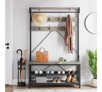 Garvee Perchero Entrada Recibidor, Con 8 Ganchos Barra Colgante, Estilo Industrial Banco Zapatero, Gran Capacidad, 112x40x183 Cm, Color Gris
