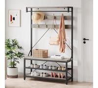 Garvee Perchero Entrada Recibidor, Con 8 Ganchos Barra Colgante, Estilo Industrial Banco Zapatero, Gran Capacidad, 112x40x183 Cm, Color Gris
