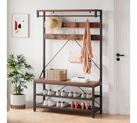Garvee Perchero Entrada Recibidor, Con Banco Y Zapatero Estilo Industrial, Barra Colgante & 8 Ganchos, Gran Capacidad, 112x40x183 Cm, Color Vintage
