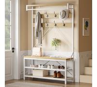 Garvee Perchero Entrada Recibidor, Estilo Industrial Con Zapatero Y Banco, 8 Ganchos & Barra Colgante, Gran Capacidad, 112x40x183 Cm, Color Madera