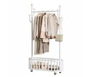 Garvee Perchero Metálico Portátil con Ruedas y Cesta de Almacenaje - Soporte Robusto para Ropa con Estante y 4 Ganchos - Ideal para Dormitorio, Lavandería y Sala de Estar