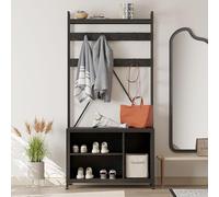 Garvee Perchero Recibidor Con Banco y Zapatero, Mueble Entrada Industrial De Madera y Metal, Organizador Con Estante y Ganchos, Perchero Independiente De Pie Para Entrada y Pasillo, Negro