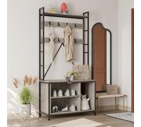 Garvee Perchero Recibidor Con Banco y Zapatero, Mueble Entrada Industrial De Madera y Metal, Organizador Con Estante y Ganchos, Perchero Independiente De Pie Para Entrada y Pasillo, Gris