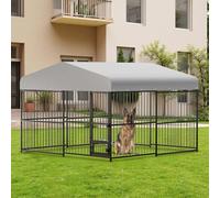Garvee Perrera grande y resistente para perros de 3 x 3 x 1,8 m - Casa de metal para perros con hierro galvanizado, techo impermeable resistente a los rayos UV, cuenco de alimentación giratorio