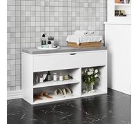 Garvee Práctico Banco Zapatero con Asiento Acolchado: Zapatero De 2 Niveles, Caja De Almacenamiento Plegable, Banco De Madera Resistente para Pasillo, Salón o Dormitorio, Marrón Oscuro