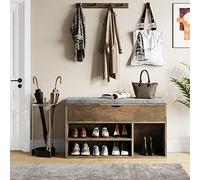 Garvee Práctico Banco Zapatero con Asiento Acolchado: Zapatero De 2 Niveles, Caja De Almacenamiento Plegable, Banco De Madera Resistente para Pasillo, Salón o Dormitorio, Marrón Oscuro