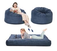 Garvee Puf convertible a cama de tamaño matrimonial, sofá gigante relleno de espuma con funda lavable, bolsillo lateral para sala de estar, dormitorio, color azul marino