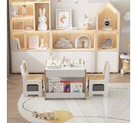 Garvee Set 4 En 1 Mesa y Sillas Infantiles De Madera - Almacenaje, Estanterías, Tapa Reversible y Desmontable - para Dibujo, Lectura, Juego - Ideal Guardería o Habitación Infantil