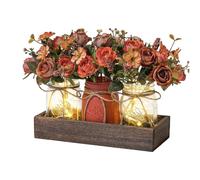Garvee Set De 3 Centros De Mesa Rústicos LED - Jarrones Mason Jar con Flores Artificiales, Bandeja De Madera - Decoración Elegante para Comedor, Sala, Bodas, Estilo Casa De Campo