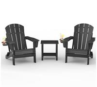 Garvee Silla Adirondack Plegable de HDPE, Acabado Textura Madera con Portavasos, Resistente a la Intemperie y Rayos UV, Ideal para Patio, Jardín, Terraza y Fogatas, 2 Sillas y Mesa, Negro