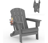 Garvee Silla Adirondack Plegable de HDPE Respaldo 4 Lamas，Veta Madera con Portavasos，72,5×88×85,5 cm，Antigolpes Rayos UV Agua y Salitre，Uso Exterior Jardín Terraza Piscina Porche，Gris 1 Silla