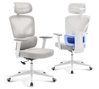 Garvee Silla Ergonómica Escritorio - Asiento y Respaldo Regulables, Respaldo Alto con Muelle, Altura Ajustable, Base Metálica Soporte 136 kg, Estructura Blanca, Malla Gris, Piernas Metálicas Blancas