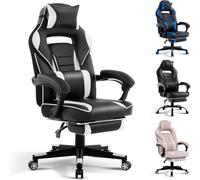 Garvee Silla ergonómica para Gaming con Masaje y reposapiés, Altura Ajustable, Piel sintética, rotación de 360°, Respaldo de 90° a 135°, soporta hasta 136 kg, Color Blanco y Negro