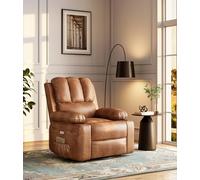 Garvee Silla reclinable de masaje con calor, giratoria de 360°, con portavasos y bolsillo lateral, silla reclinable de piel sintética para sala de estar, guardería, color marrón