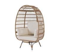 Garvee Sillón Huevo Giratorio de Ratán PE para Jardín, Balcón y Terraza, Silla de Mimbre Sintético con Base de Acero, Asiento Exterior e Interior de 360 Grados, Estructura Marrón, 95x95x145cm, Crema
