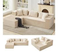 Garvee Sofá modular de pana en forma de L, no requiere montaje, sofá modular de asiento profundo con almohadas, para sala de estar, beige
