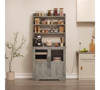 Garvee Solución Multifuncional para Cocina y Comedor - Estante de Cocina Alto con gabinete, 6 Niveles, Puertas de Vidrio, encimera Gruesa y Soporte para microondas - Estilo rústico Gris, con Enchufe