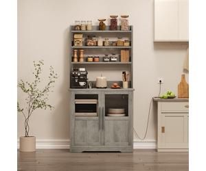 Garvee Solución Multifuncional para Cocina y Comedor - Estante de Cocina Alto con gabinete, 6 Niveles, Puertas de Vidrio, encimera Gruesa y Soporte para microondas - Estilo rústico Gris, con Enchufe