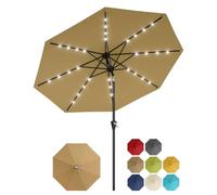 Garvee Sombrilla de Jardín LED Solar 300 cm, Parasol Exterior de Poliéster 180g/m² con 8 Varillas Acero, Manivela, Inclinación 30° Ajustable y Protección UV, Ideal para Terraza y Patio, Caqui