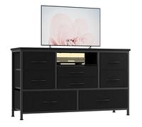 Garvee Soporte de TV LED negro de 8 cajones para TV de 55 pulgadas, pecho ancho con tomas de alimentación y USB, 22 modos de luz, parte superior de madera y marco de acero, armario de almacenamiento