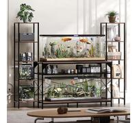 Garvee Soporte Multifuncional para Acuario 20-90 Galones - 12 Patas, 4 Estantes, Capacidad 390kg - Enchufe Eléctrico - para Peceras y Terrarios - Mueble de Almacenaje Salón - Color Negro + Marrón