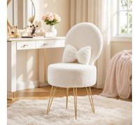 Garvee Taburete De Maquillaje con Almacenamiento, Respaldo Plegable Sherpa | Taburete de maquillaje con espacio de almacenamiento, respaldo plegable, funda de sherpa, cojín de lazo y patas de metal