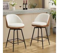 Garvee Taburetes Altos giratorios con Respaldo para Barra de Cocina - Juego de 2 - Tapizado en Cuero PU marrón y Lino Beige - Patas metálicas Resistentes - Estilo cómodo y Moderno - Altura mostrador