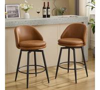 Garvee Taburetes altos giratorios con respaldo para barra de cocina - Juego de 2 - Tapizados en piel sintética marrón - Patas metálicas resistentes - Estilo moderno y cómodo - Altura mostrador 66 cm -