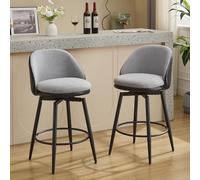 Garvee Taburetes giratorios 360° con Respaldo para Barra o Isla - Juego de 2 - Altura mostrador 66 cm - Tapizado Exterior en Cuero PU Negro e Interior en Lino Gris Claro - Patas metálicas sólidas -