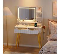 Garvee Tocador Acanalado con Espejo e Iluminación, Pequeño Mueble De Maquillaje De 78 cm y 2 Cajones, 3 Modos De Iluminación, Elegante Tocador para Dormitorio.