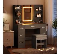 Garvee Tocador Amplio con Espejo LED Regulable y estación de Carga - 7 cajones, 4 estantes Abiertos, Soporte para secador, Taburete Acolchado - Mueble de Maquillaje para Dormitorio o baño, Ideal para