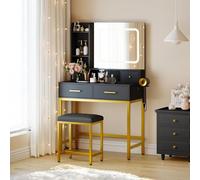 Garvee Tocador con Espejo LED y Taburete, 3 Modos de iluminación, 4 cajones, Enchufe eléctrico Integrado y estantes, Set de Maquillaje Blanco y Dorado para Dormitorio