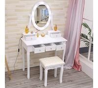 Garvee Tocador Contemporáneo con Espejo Ovalado y Luces LED. Cinco Cajones Espaciosos. Incluye Taburete. Iluminación De 3 Colores. Ideal para Dormitorio De Mujeres, Niñas y Niños