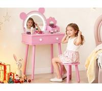 Tocador Infantil Con Espejo Iluminado en Forma de Oso: Tocador de Princesa de Madera Con Cajones, Taburete Con Forma de Flor, Diseño Seguro Para Niños, Ideal Para El Dormitorio de Niñas Pequeñas, Colo