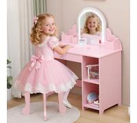 Garvee Tocador de Maquillaje para Niña con Luz LED y Diseño Ola, Mesa Infantil con Cinta Luminosa y Taburete, 95,5 cm, para Niñas de 3 a 6 Años, MDF, Color Rosa
