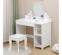 Garvee Tocador de Maquillaje para Niña con Luz LED y Diseño Ola, Mesa Infantil con Cinta Luminosa y Taburete, 95,5 cm, para Niñas de 3 a 6 Años, MDF, Color Blanco