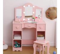 Garvee Tocador Infantil 2 En 1 De Madera con Taburete, Espejo Plegable y Cajón. Tocador De Princesa para Niñas.