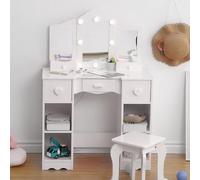 Garvee Tocador Infantil 2 En 1 De Madera con Taburete, Espejo Plegable y Cajón. Tocador De Princesa para Niñas.